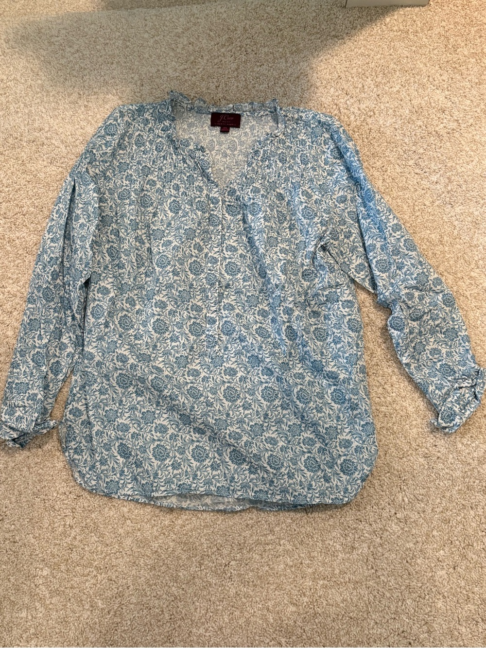 J. Crew Blue Floral V-Neck Long-Sleeve Blouse